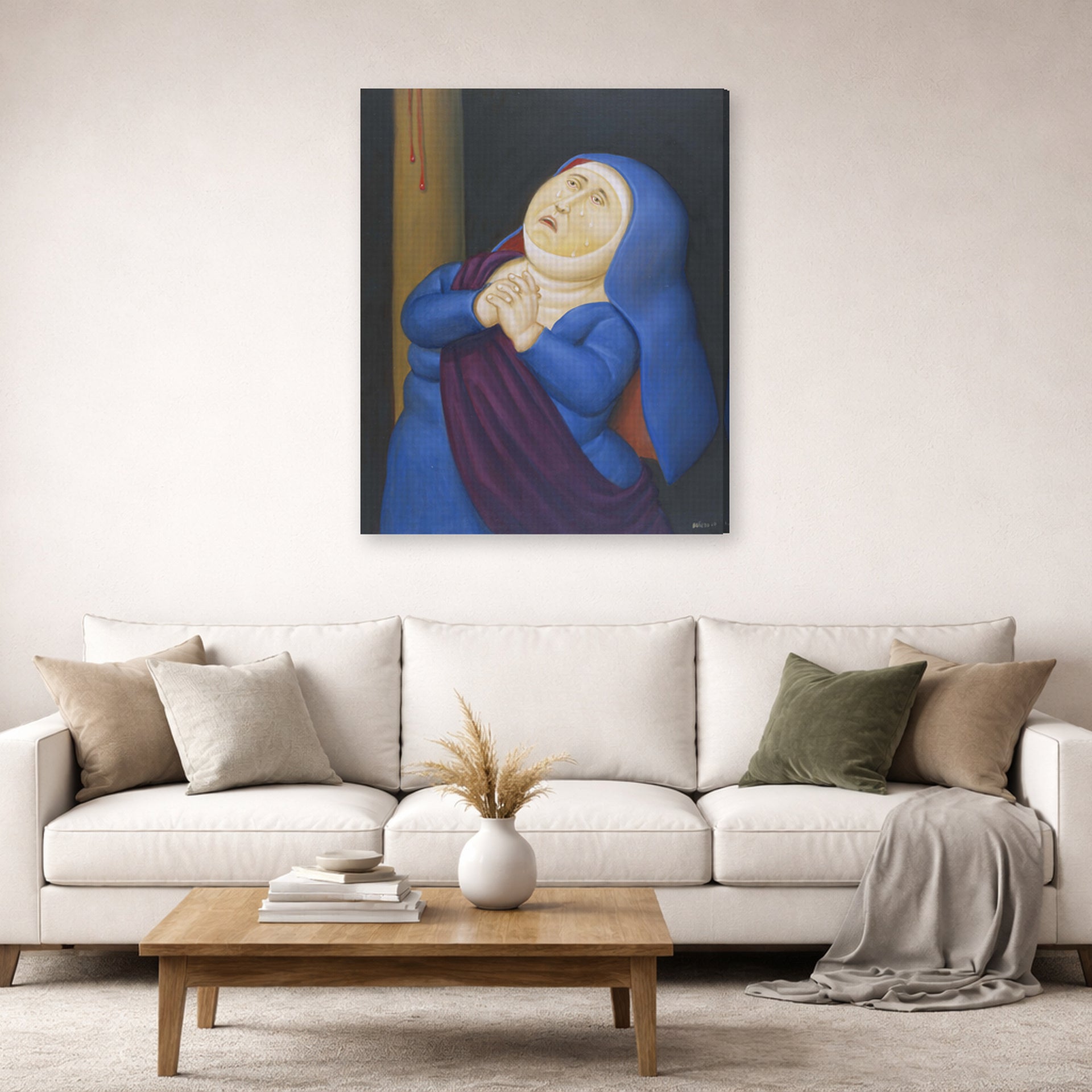 Gallery-wrapped canvas print of Fernando Botero's Mother Afflicted displayed on a wall in a living room