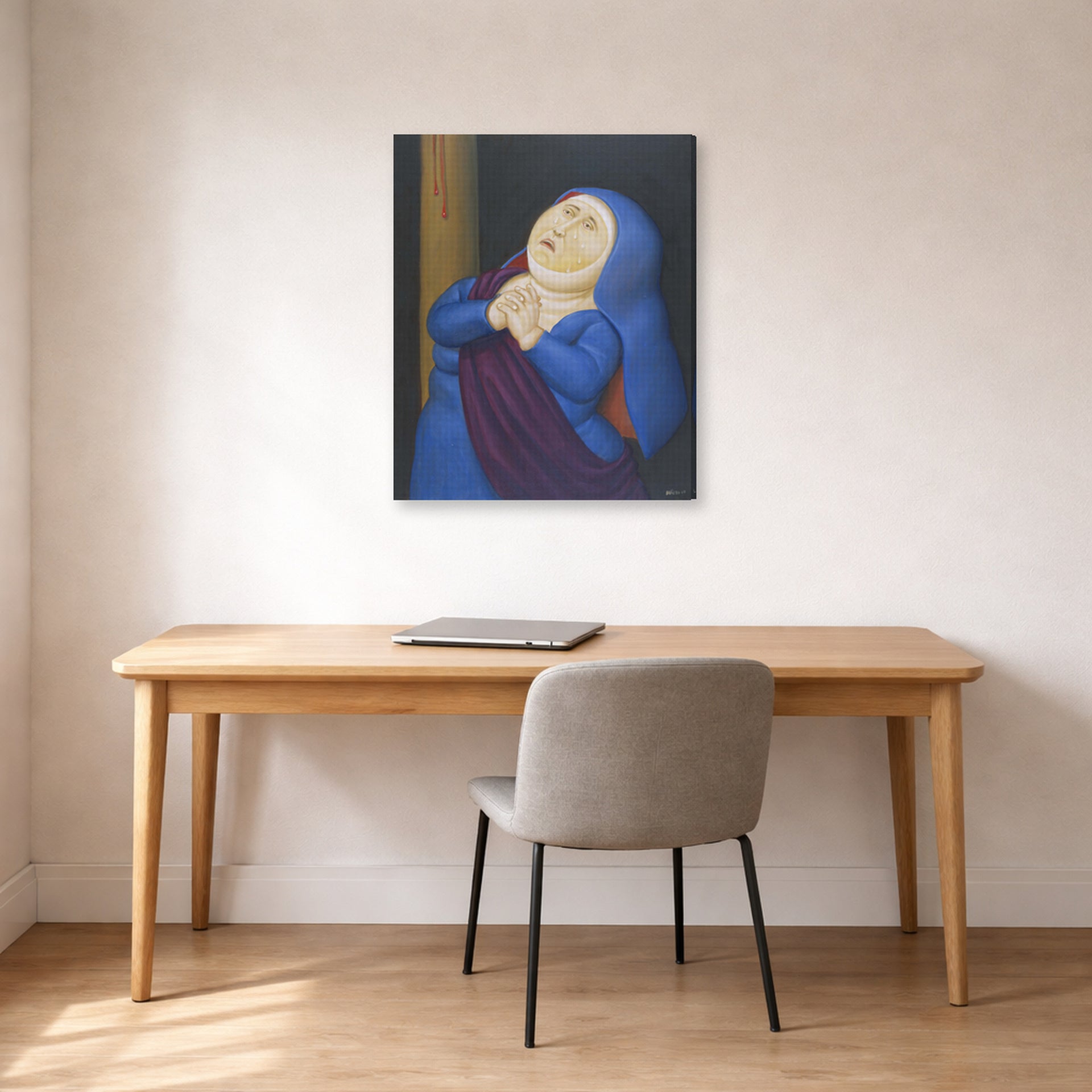 Gallery-wrapped canvas print of Fernando Botero's Mother Afflicted displayed on a wall in a home office