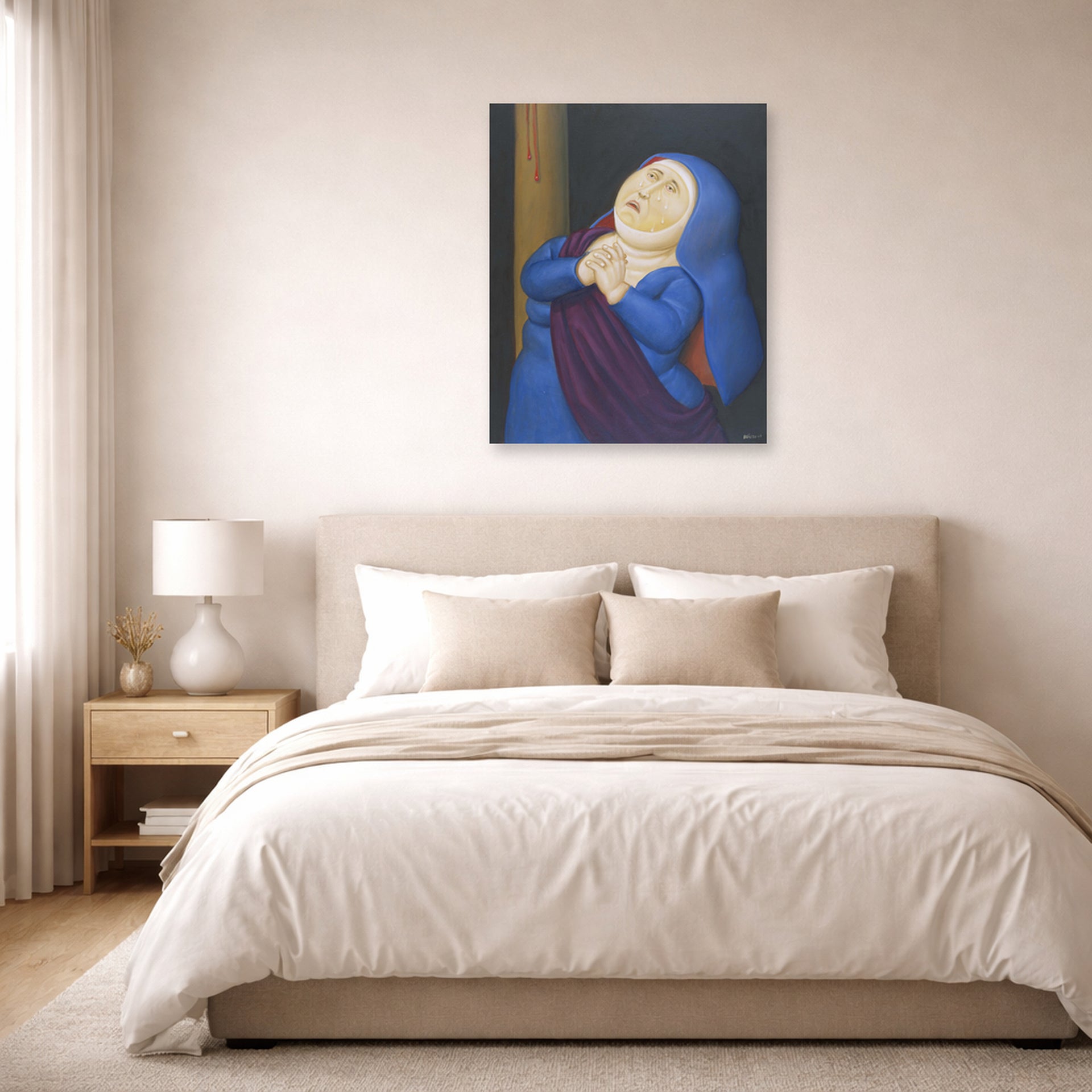 Unframed poster print of Fernando Botero's Mother Afflicted displayed on a wall in a bedroom