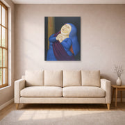 Unframed poster print of Fernando Botero's Mother Afflicted displayed on a wall in a living room