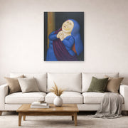 Unframed poster print of Fernando Botero's Mother Afflicted displayed on a wall in a living room