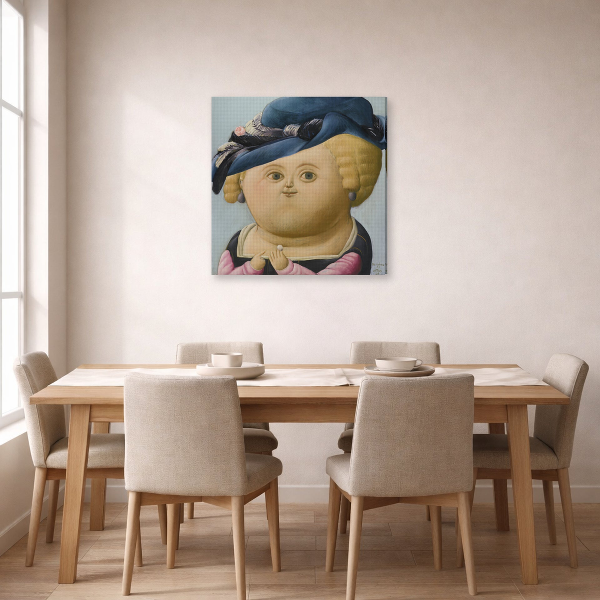 Gallery-wrapped canvas print of Fernando Botero's Mrs Rubens displayed on a wall in a dining room