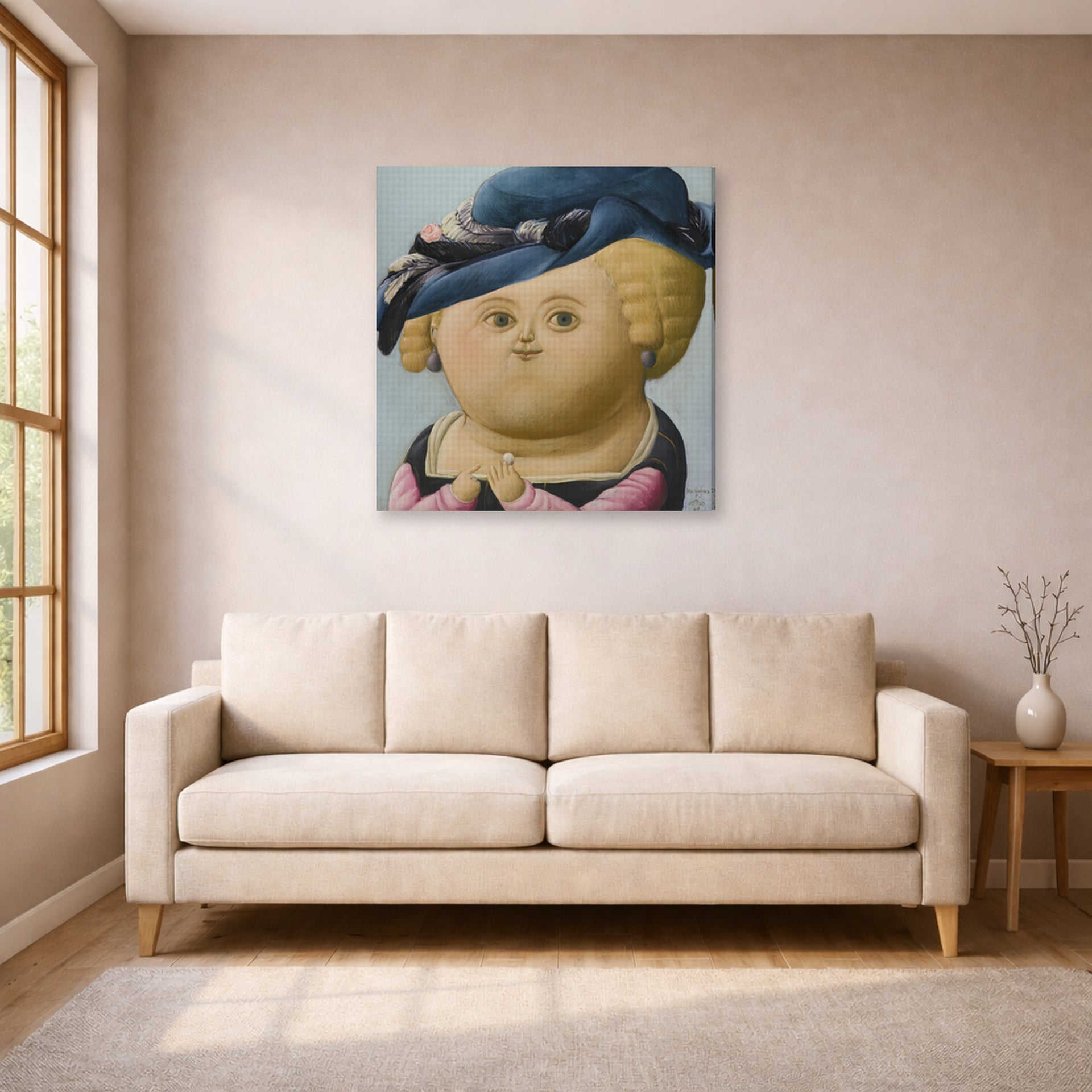 Gallery-wrapped canvas print of Fernando Botero's Mrs Rubens displayed on a wall in a living room