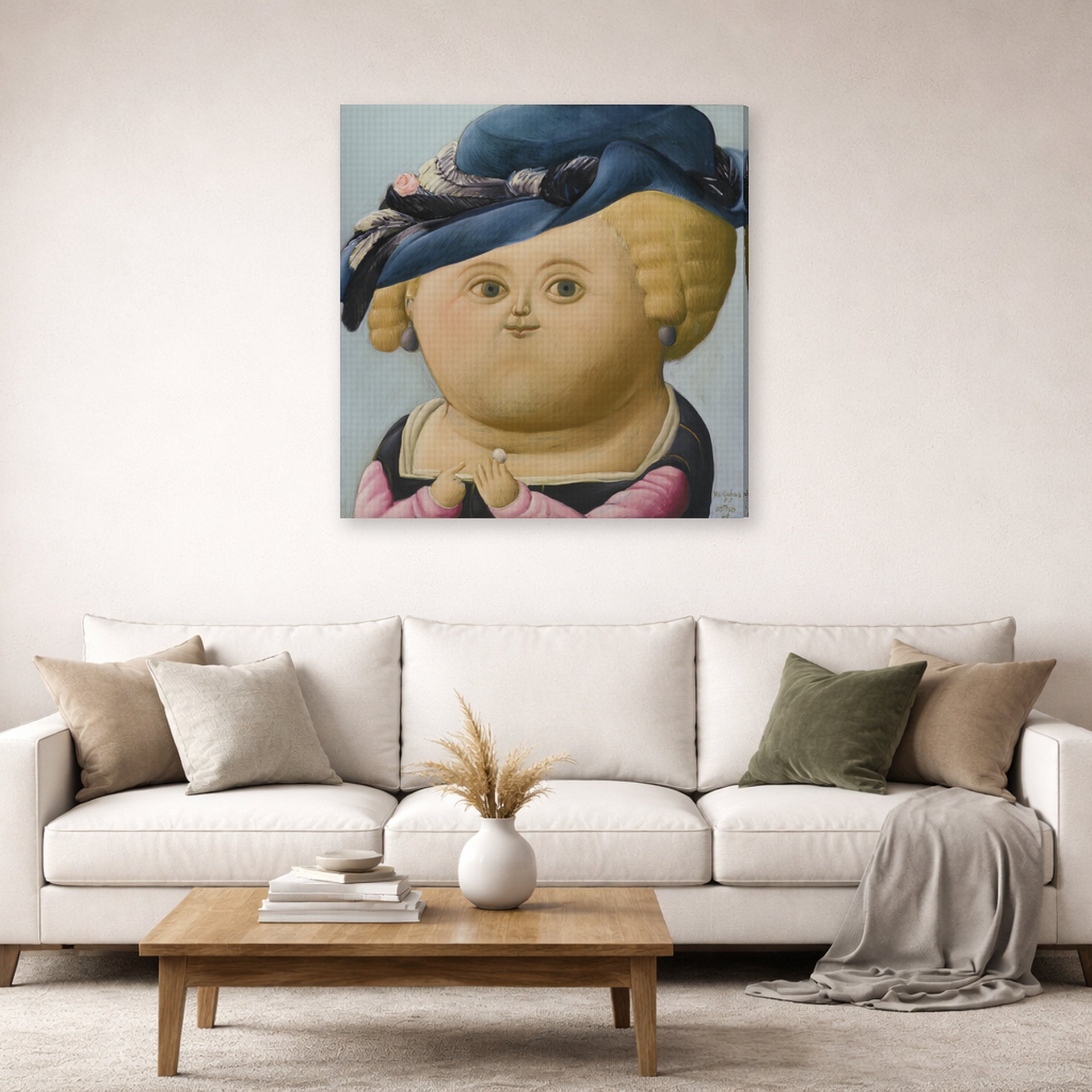 Gallery-wrapped canvas print of Fernando Botero's Mrs Rubens displayed on a wall in a living room