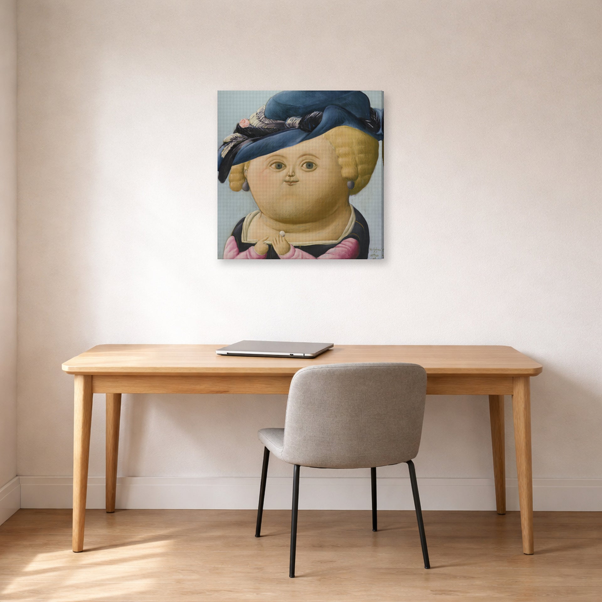 Gallery-wrapped canvas print of Fernando Botero's Mrs Rubens displayed on a wall in a home office
