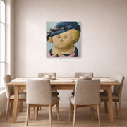 Unframed poster print of Fernando Botero's Mrs Rubens displayed on a wall in a dining room