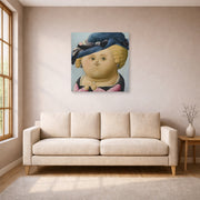Unframed poster print of Fernando Botero's Mrs Rubens displayed on a wall in a living room