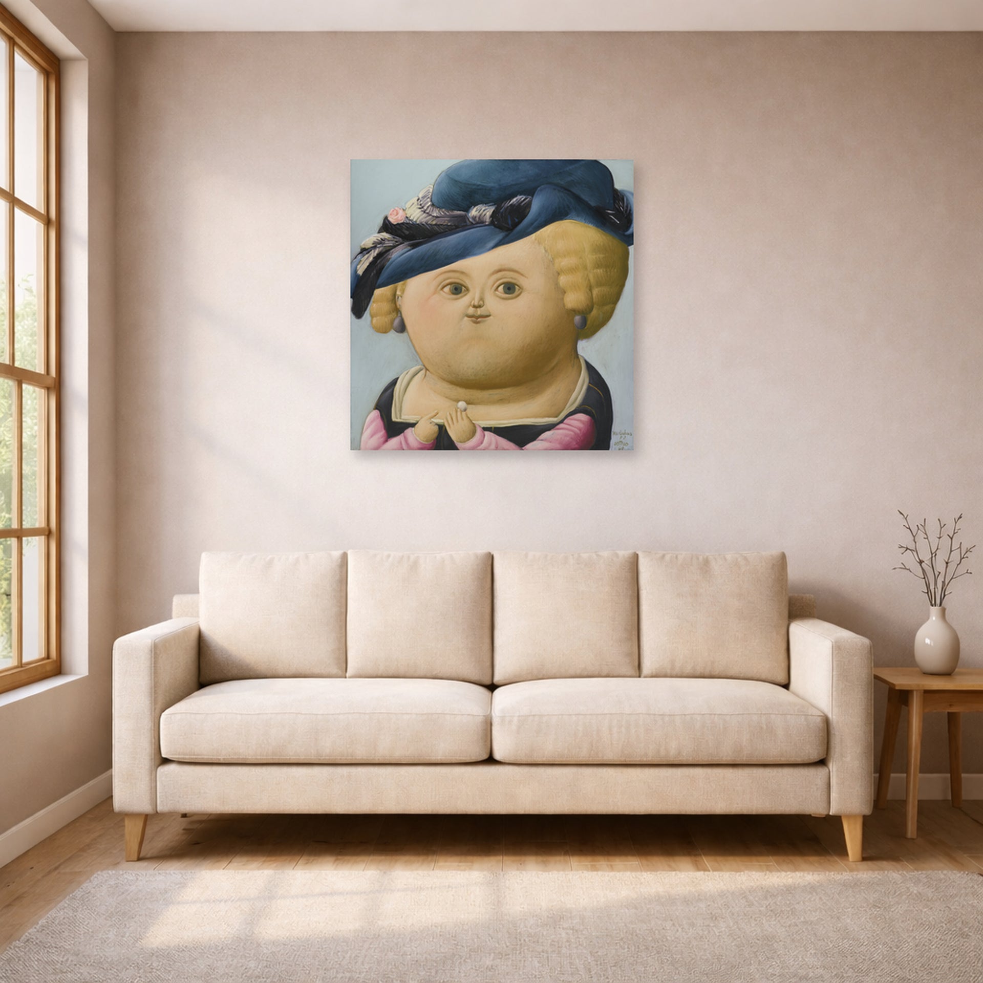Unframed poster print of Fernando Botero's Mrs Rubens displayed on a wall in a living room