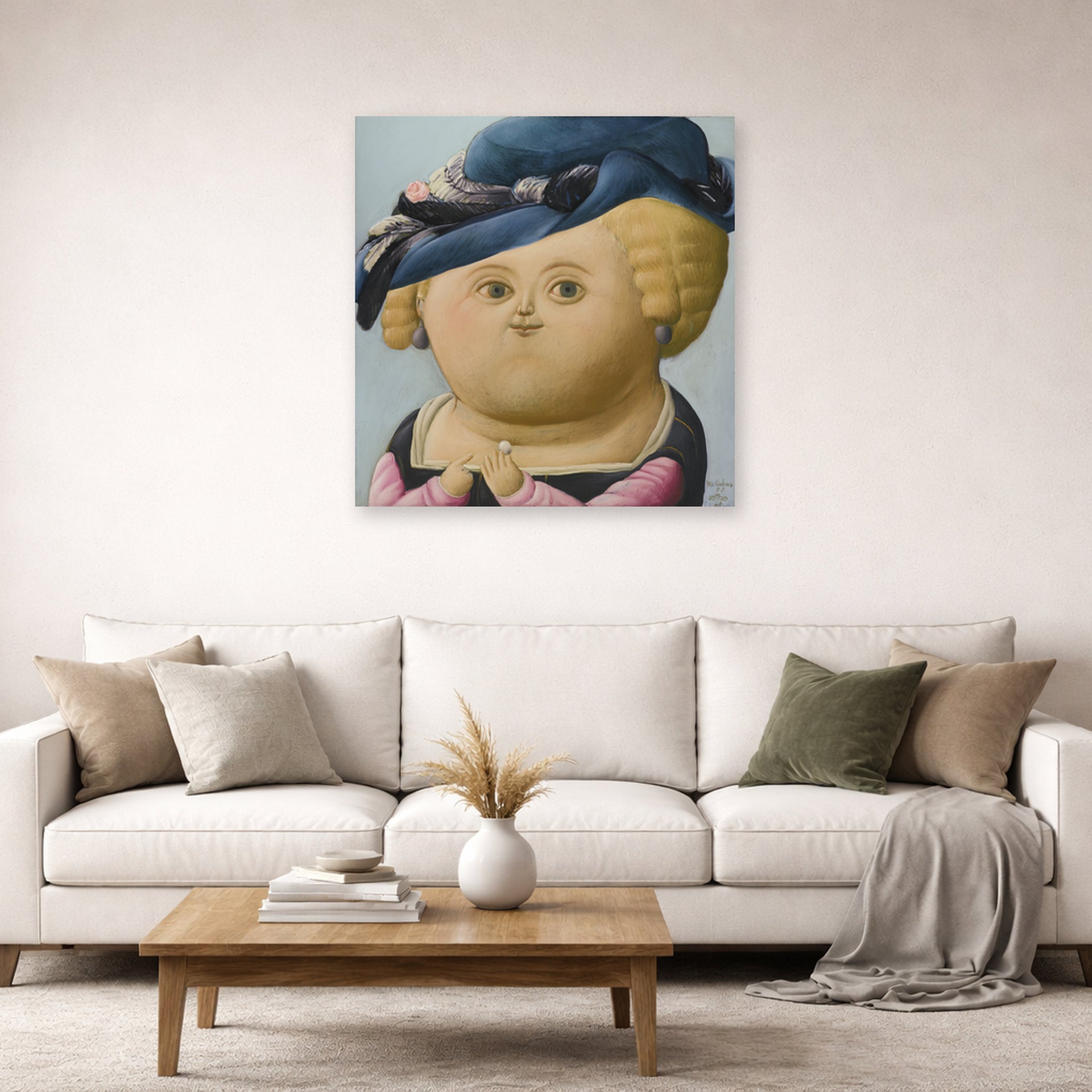 Unframed poster print of Fernando Botero's Mrs Rubens displayed on a wall in a living room