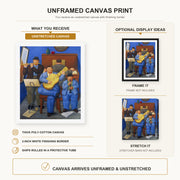 Fernando Botero - Musicians canvas print size comparison and framing display infographic
