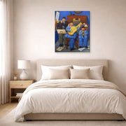 Gallery-wrapped canvas print of Fernando Botero's Musicians displayed on a wall in a bedroom