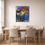 Gallery-wrapped canvas print of Fernando Botero's Musicians displayed on a wall in a dining room