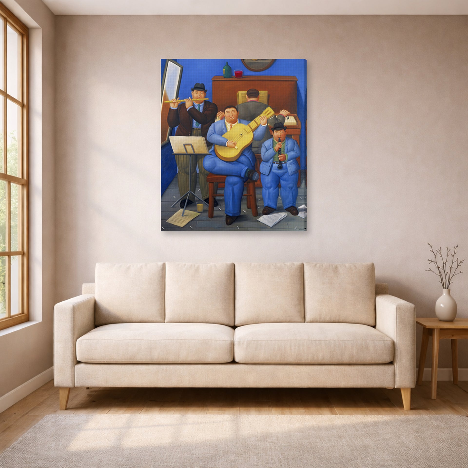 Gallery-wrapped canvas print of Fernando Botero's Musicians displayed on a wall in a living room