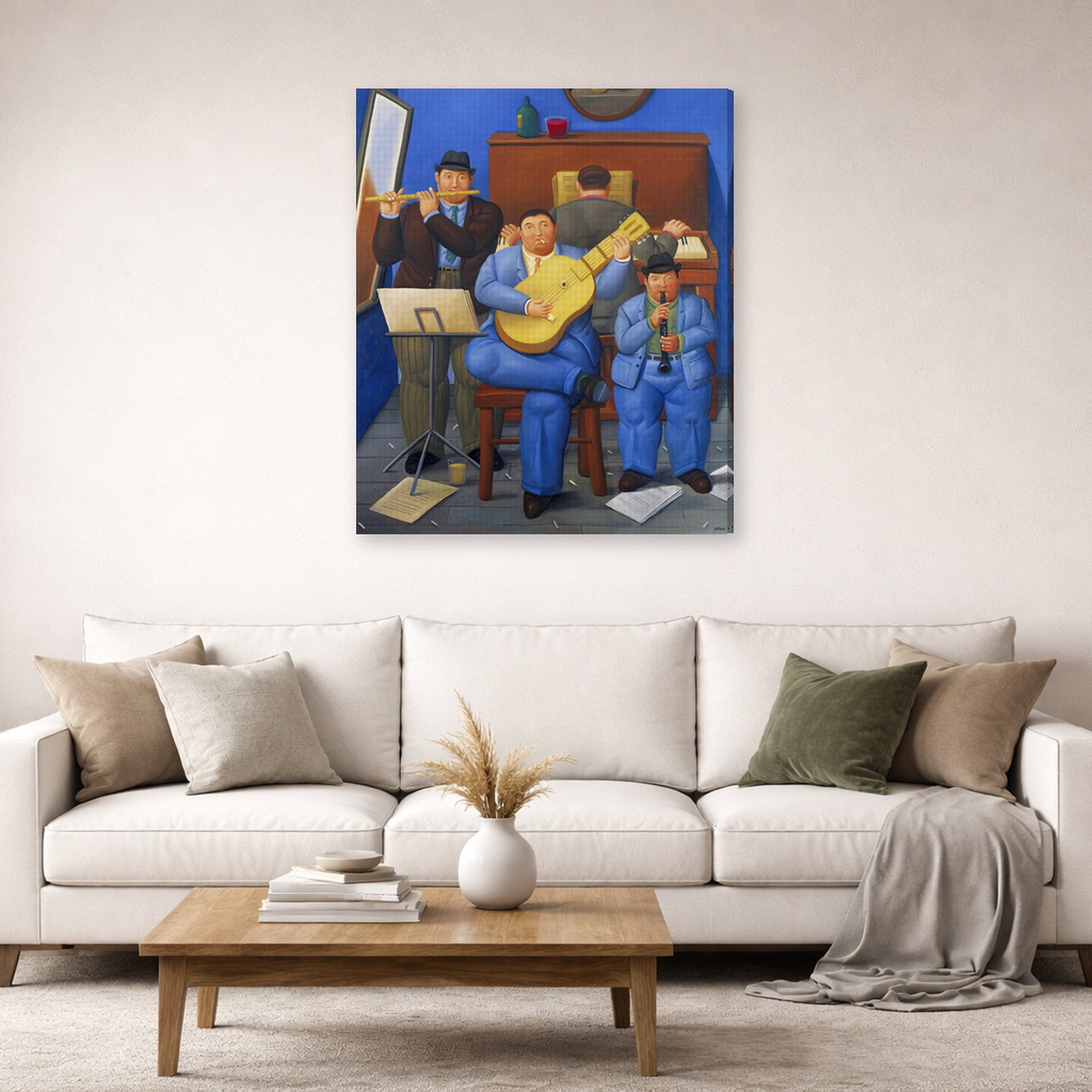 Gallery-wrapped canvas print of Fernando Botero's Musicians displayed on a wall in a living room