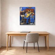 Gallery-wrapped canvas print of Fernando Botero's Musicians displayed on a wall in a home office