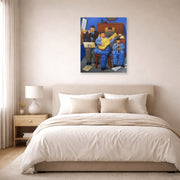 Unframed poster print of Fernando Botero's Musicians displayed on a wall in a bedroom