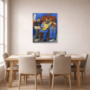Unframed poster print of Fernando Botero's Musicians displayed on a wall in a dining room