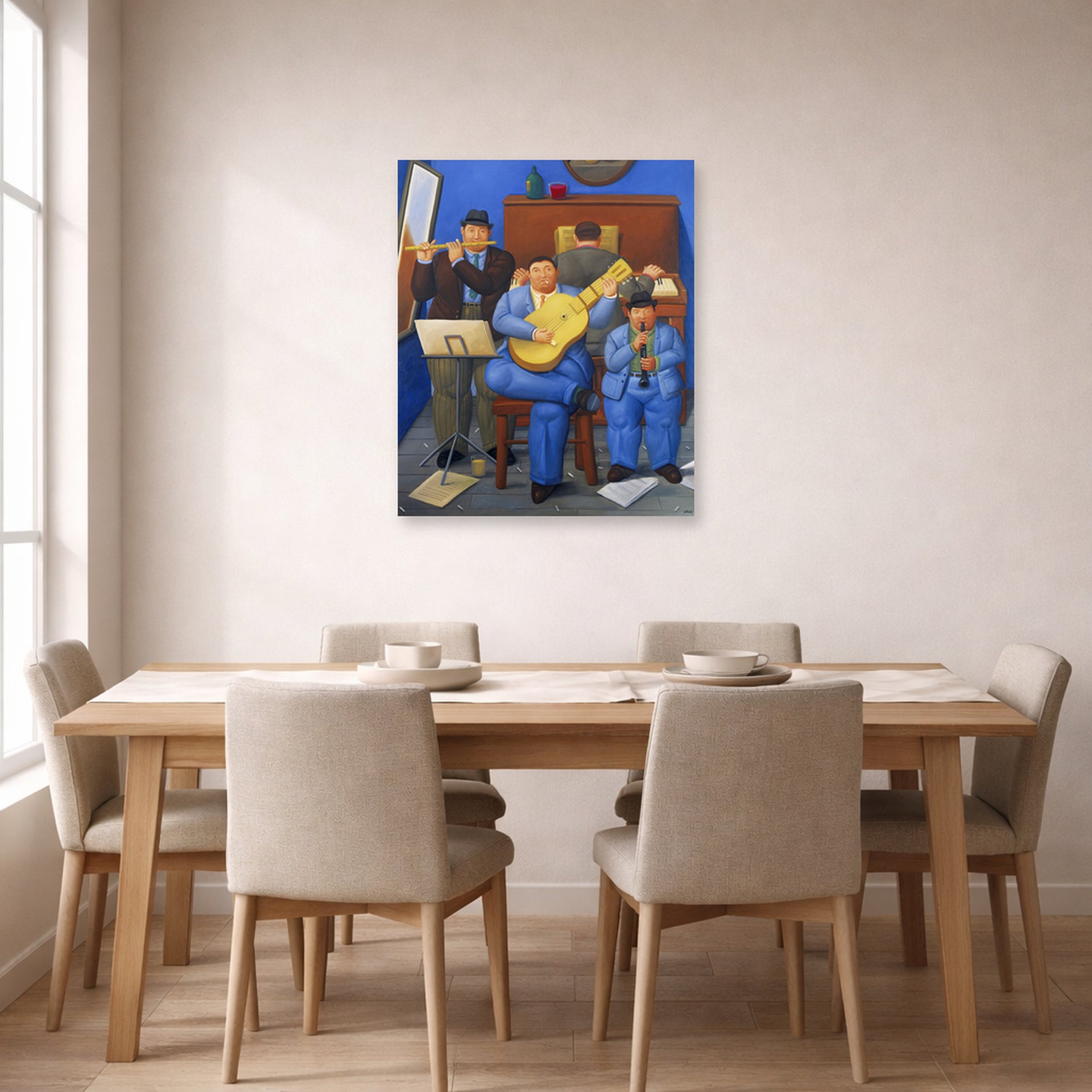 Unframed poster print of Fernando Botero's Musicians displayed on a wall in a dining room