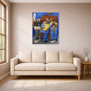 Unframed poster print of Fernando Botero's Musicians displayed on a wall in a living room