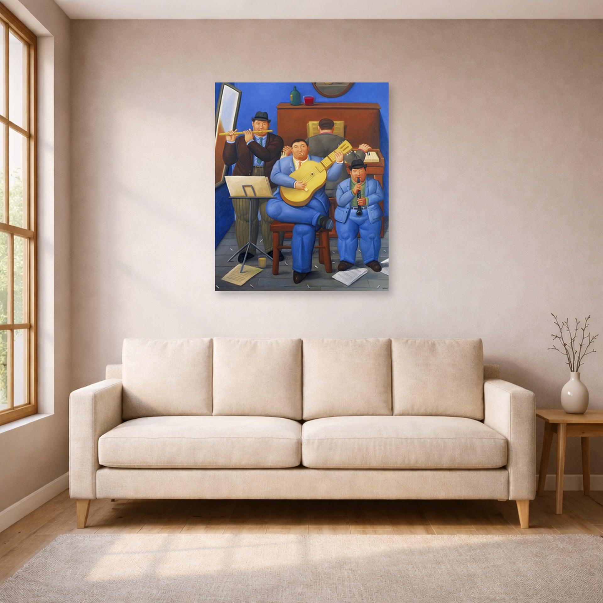 Unframed poster print of Fernando Botero's Musicians displayed on a wall in a living room