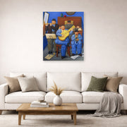 Unframed poster print of Fernando Botero's Musicians displayed on a wall in a living room
