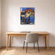 Unframed poster print of Fernando Botero's Musicians displayed on a wall in a home office