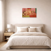Gallery-wrapped canvas print of Fernando Botero's Naked Laying displayed on a wall in a bedroom