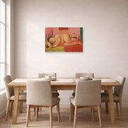 Gallery-wrapped canvas print of Fernando Botero's Naked Laying displayed on a wall in a dining room