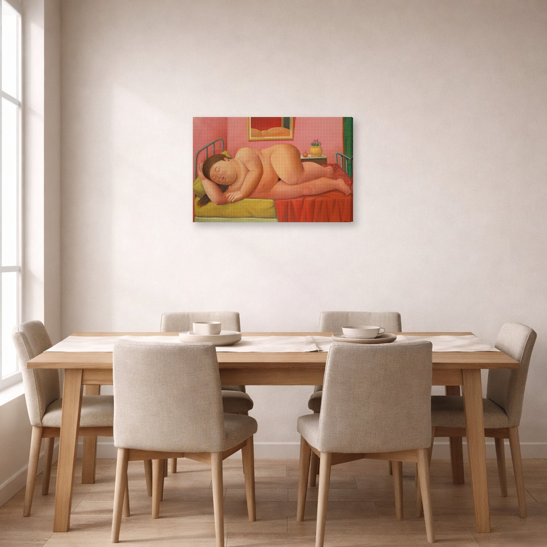 Gallery-wrapped canvas print of Fernando Botero's Naked Laying displayed on a wall in a dining room