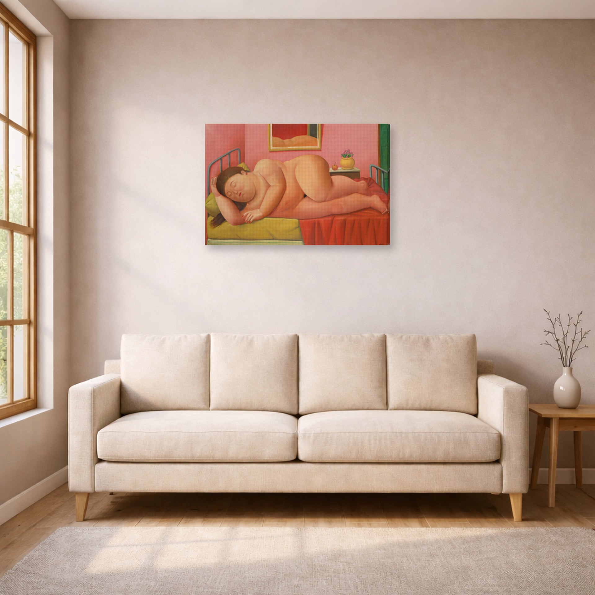 Gallery-wrapped canvas print of Fernando Botero's Naked Laying displayed on a wall in a living room