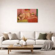 Gallery-wrapped canvas print of Fernando Botero's Naked Laying displayed on a wall in a living room