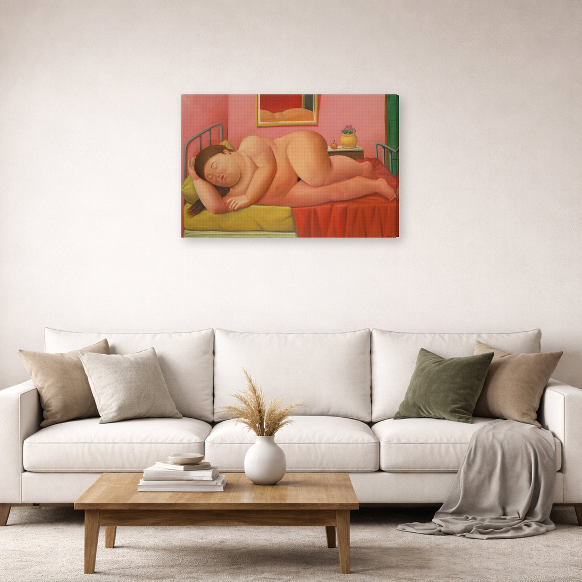 Gallery-wrapped canvas print of Fernando Botero's Naked Laying displayed on a wall in a living room