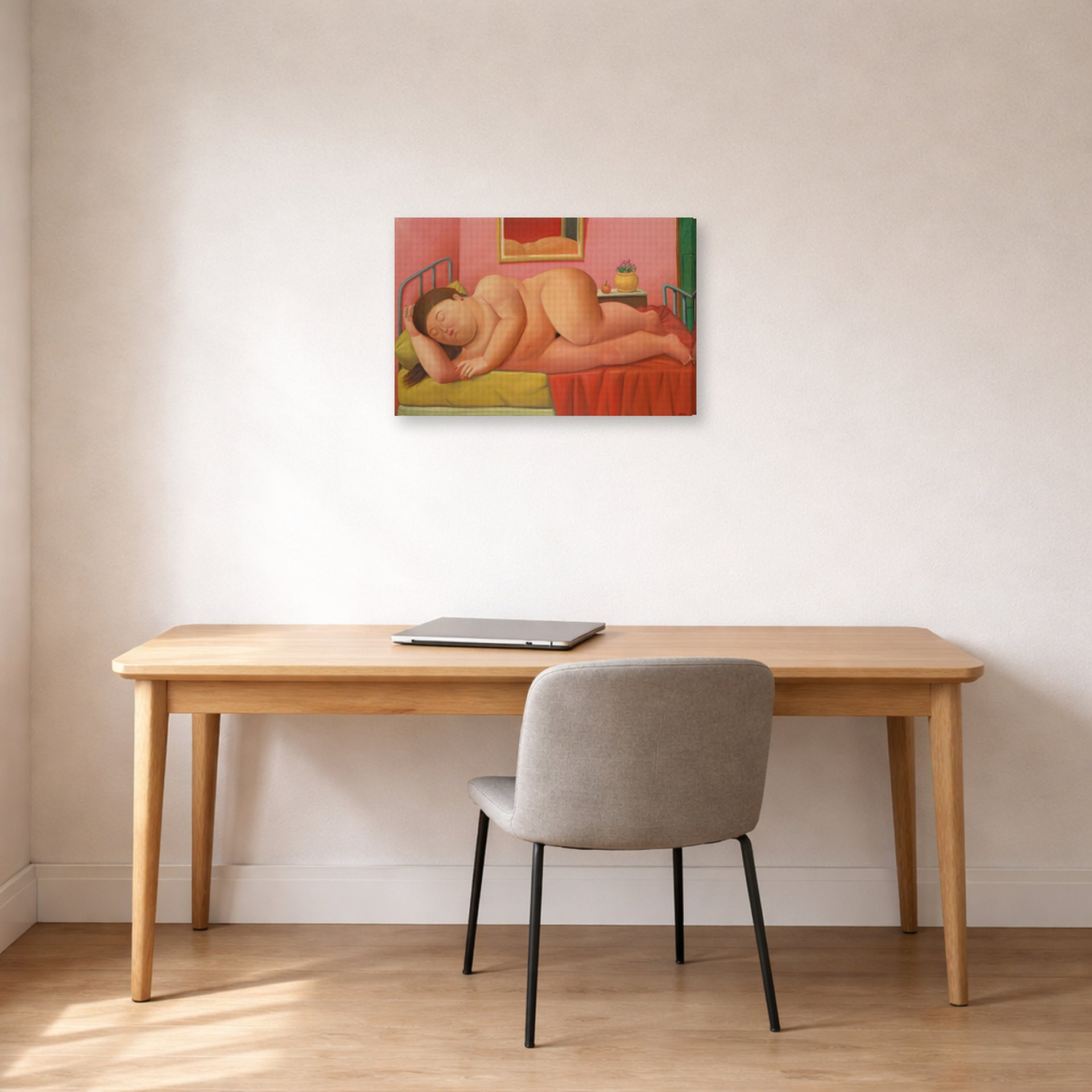Gallery-wrapped canvas print of Fernando Botero's Naked Laying displayed on a wall in a home office