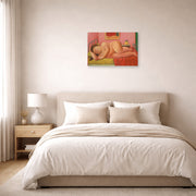 Unframed poster print of Fernando Botero's Naked Laying displayed on a wall in a bedroom