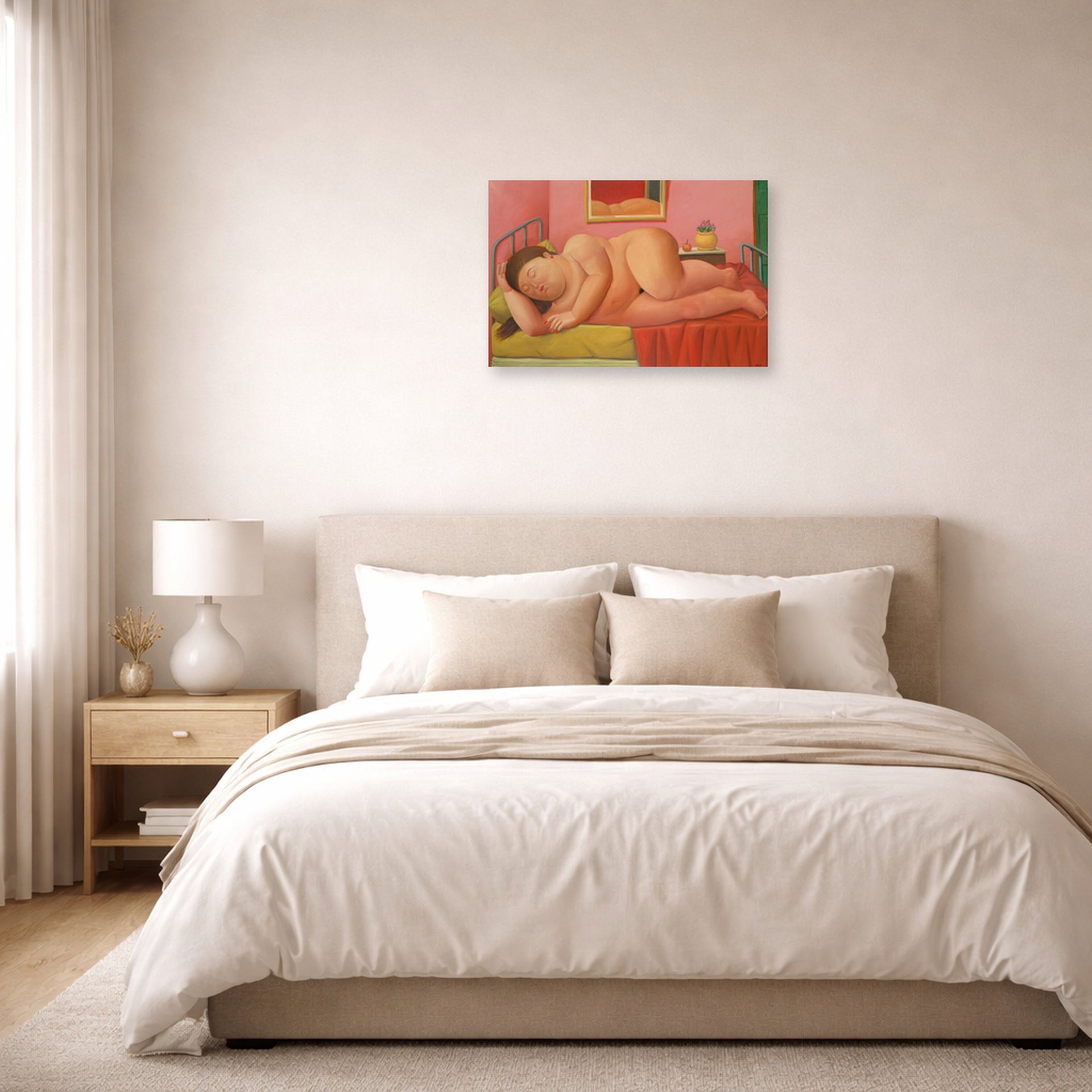 Unframed poster print of Fernando Botero's Naked Laying displayed on a wall in a bedroom