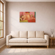 Unframed poster print of Fernando Botero's Naked Laying displayed on a wall in a living room