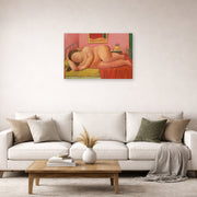 Unframed poster print of Fernando Botero's Naked Laying displayed on a wall in a living room