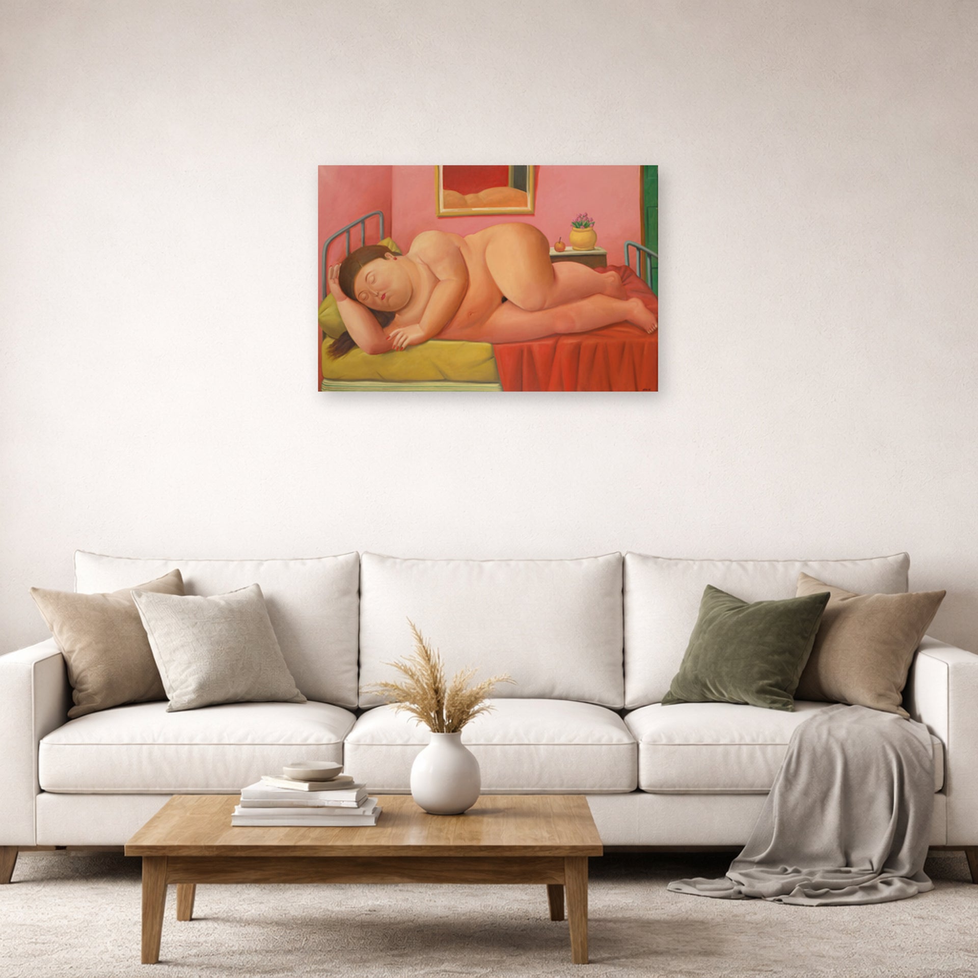 Unframed poster print of Fernando Botero's Naked Laying displayed on a wall in a living room