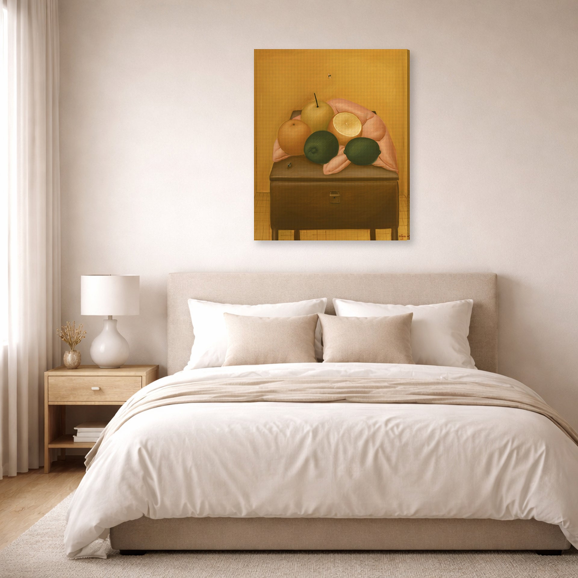 Gallery-wrapped canvas print of Fernando Botero's Naranjas Y Limones displayed on a wall in a bedroom