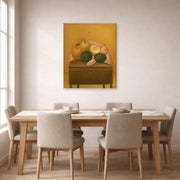Gallery-wrapped canvas print of Fernando Botero's Naranjas Y Limones displayed on a wall in a dining room