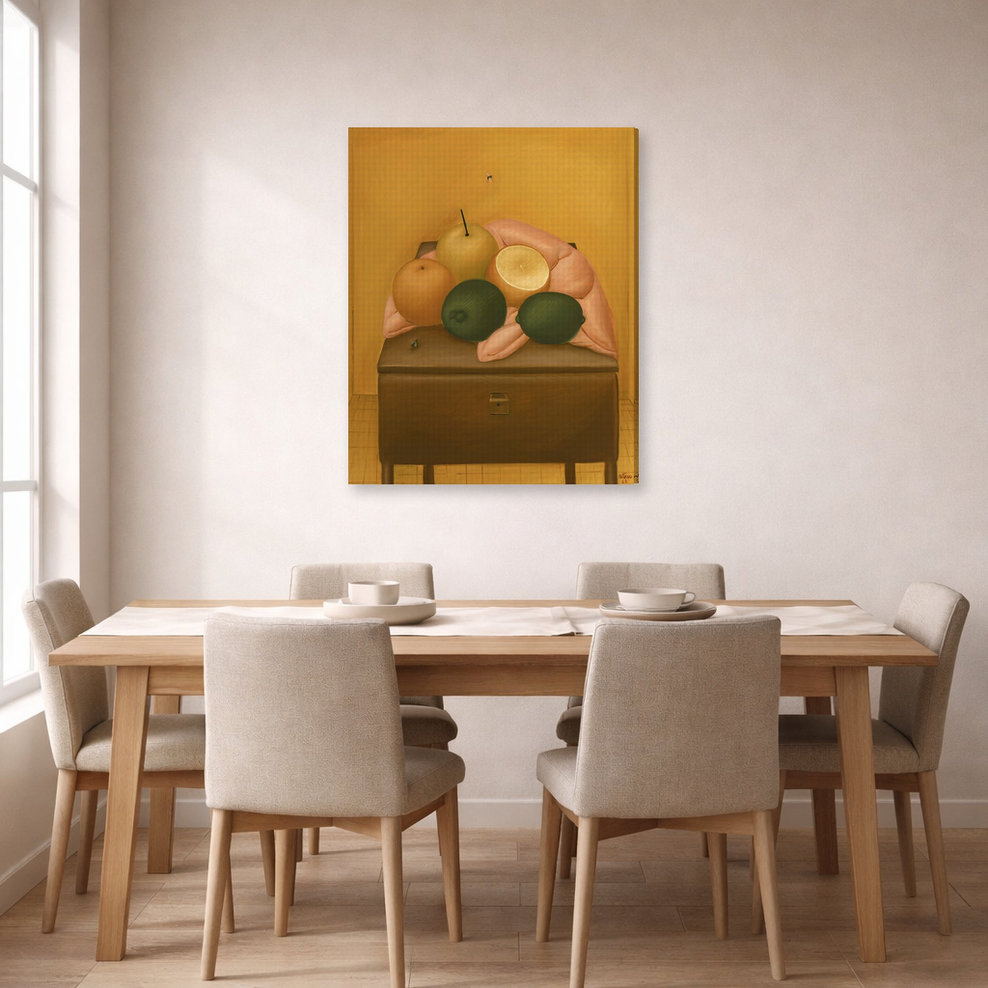 Gallery-wrapped canvas print of Fernando Botero's Naranjas Y Limones displayed on a wall in a dining room