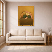 Gallery-wrapped canvas print of Fernando Botero's Naranjas Y Limones displayed on a wall in a living room