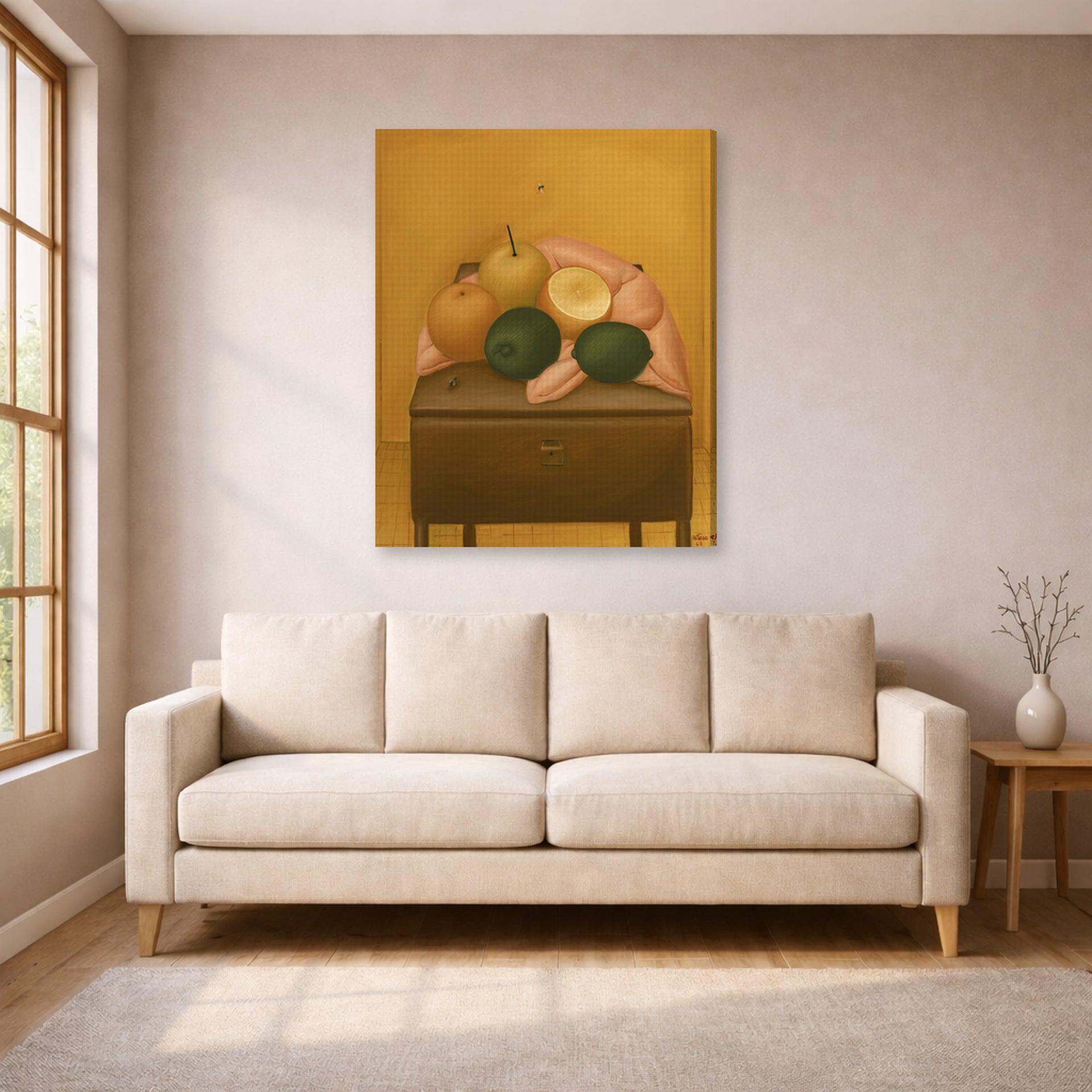 Gallery-wrapped canvas print of Fernando Botero's Naranjas Y Limones displayed on a wall in a living room