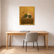 Gallery-wrapped canvas print of Fernando Botero's Naranjas Y Limones displayed on a wall in a home office