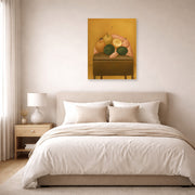 Unframed poster print of Fernando Botero's Naranjas Y Limones displayed on a wall in a bedroom