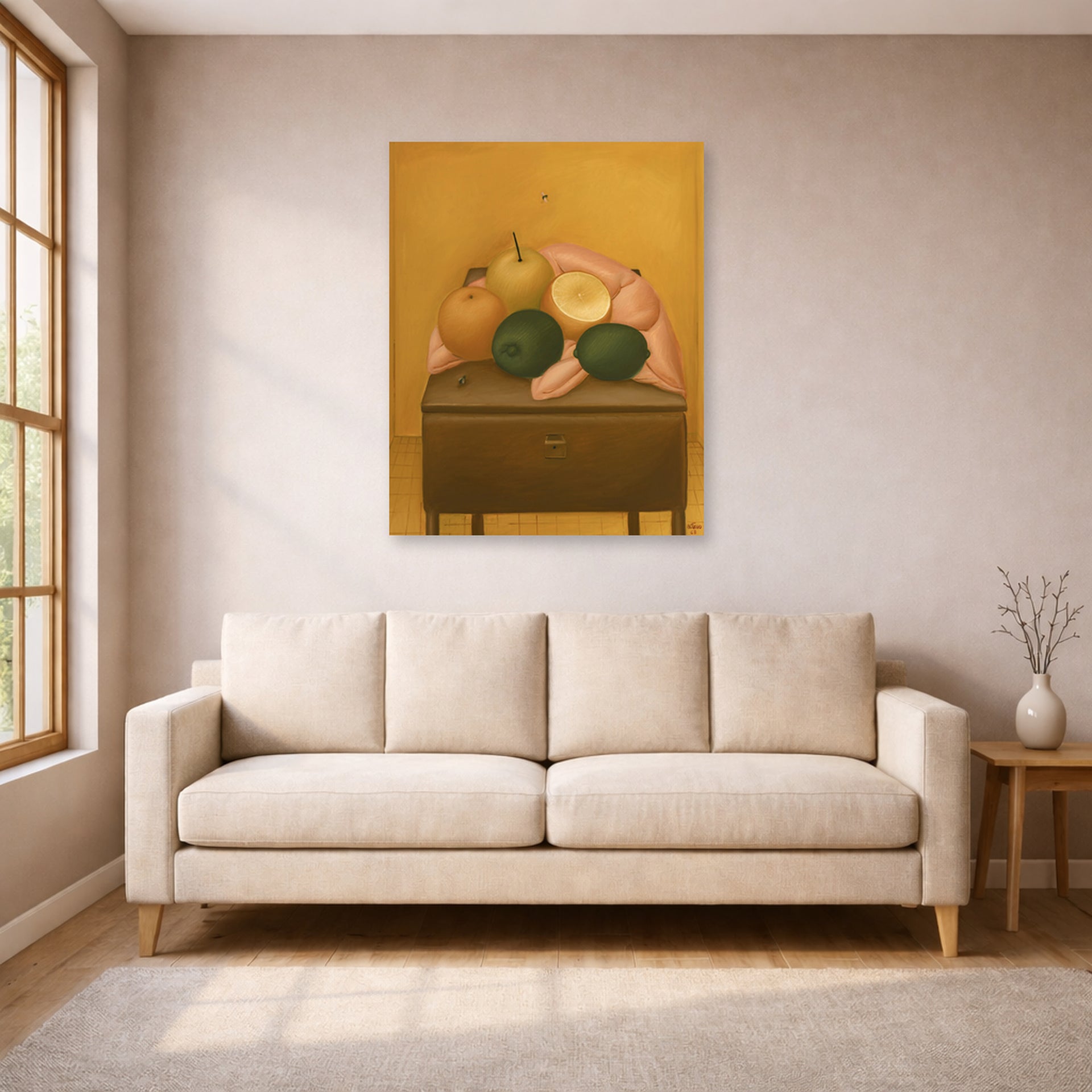 Unframed poster print of Fernando Botero's Naranjas Y Limones displayed on a wall in a living room