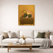 Unframed poster print of Fernando Botero's Naranjas Y Limones displayed on a wall in a living room