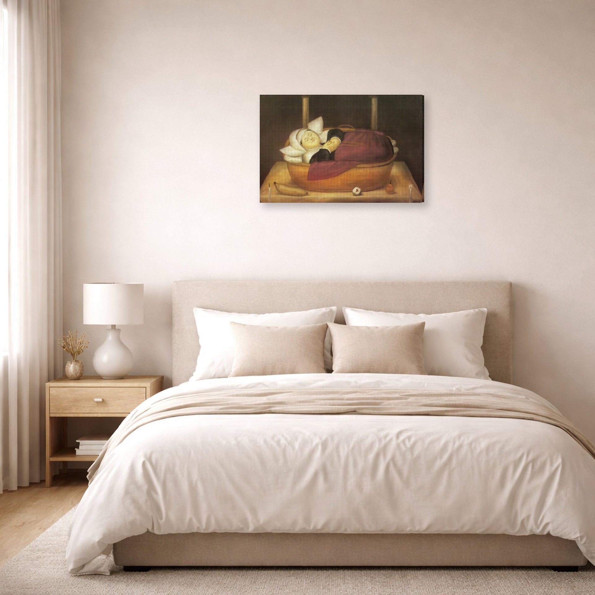 Gallery-wrapped canvas print of Fernando Botero's New-born Nun displayed on a wall in a bedroom