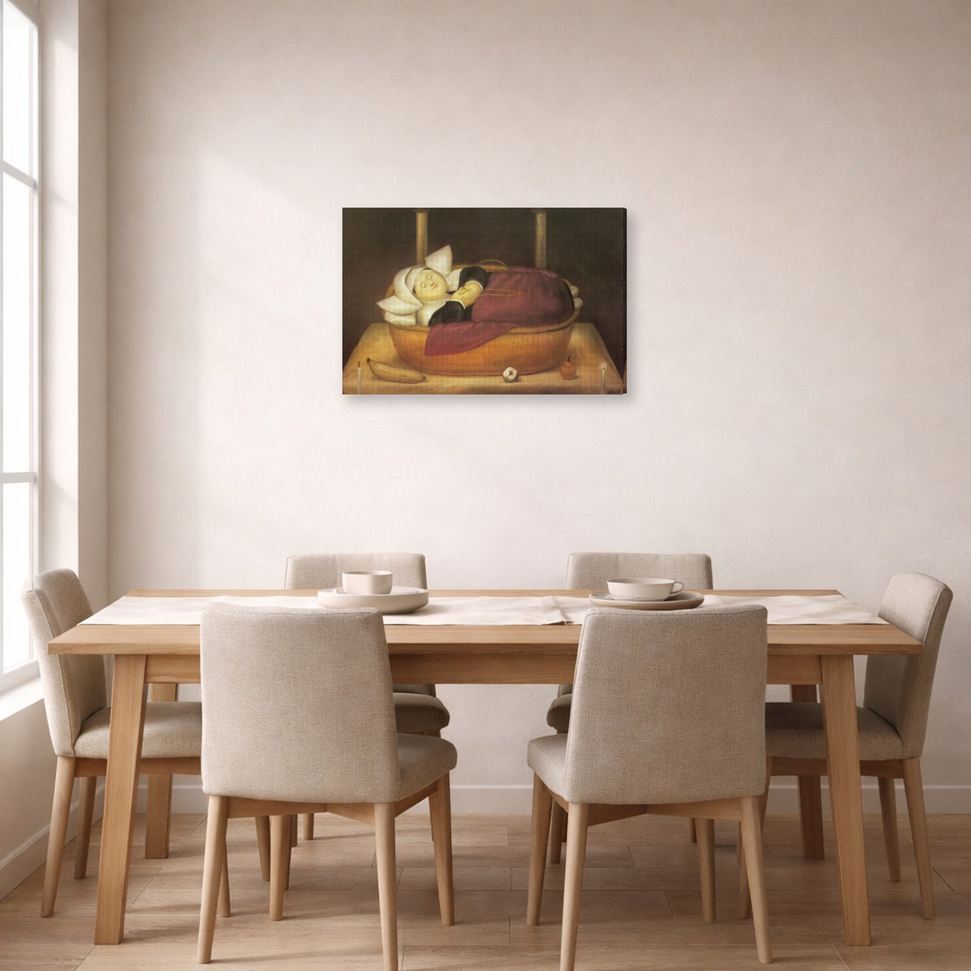 Gallery-wrapped canvas print of Fernando Botero's New-born Nun displayed on a wall in a dining room