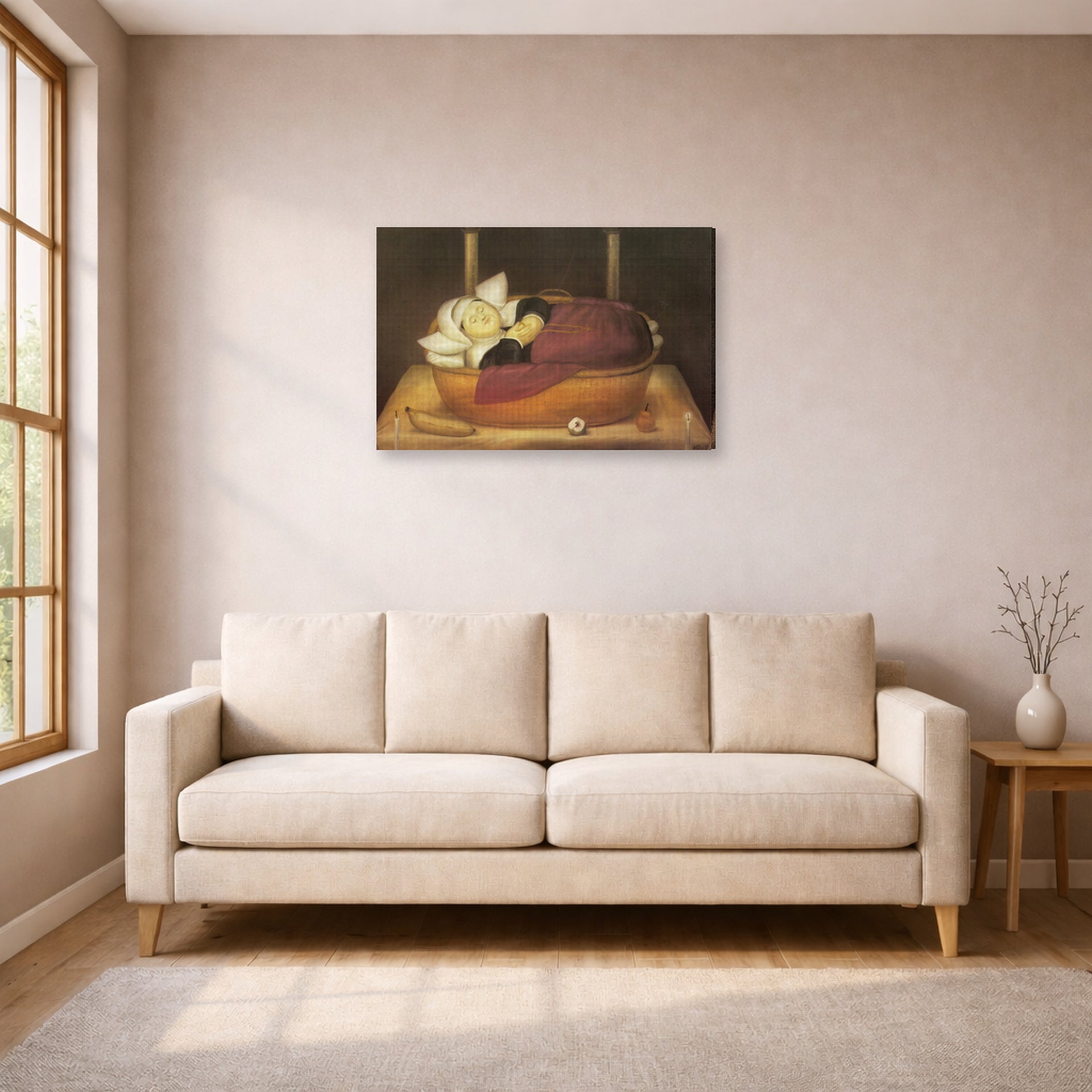 Gallery-wrapped canvas print of Fernando Botero's New-born Nun displayed on a wall in a living room